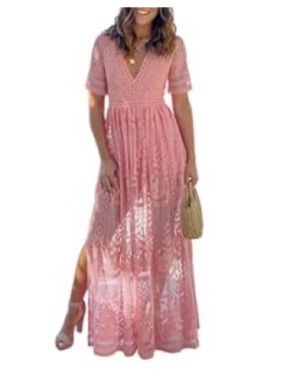 Women’s Pink Lace V-Neck Maxi Dress with Short Sleeves